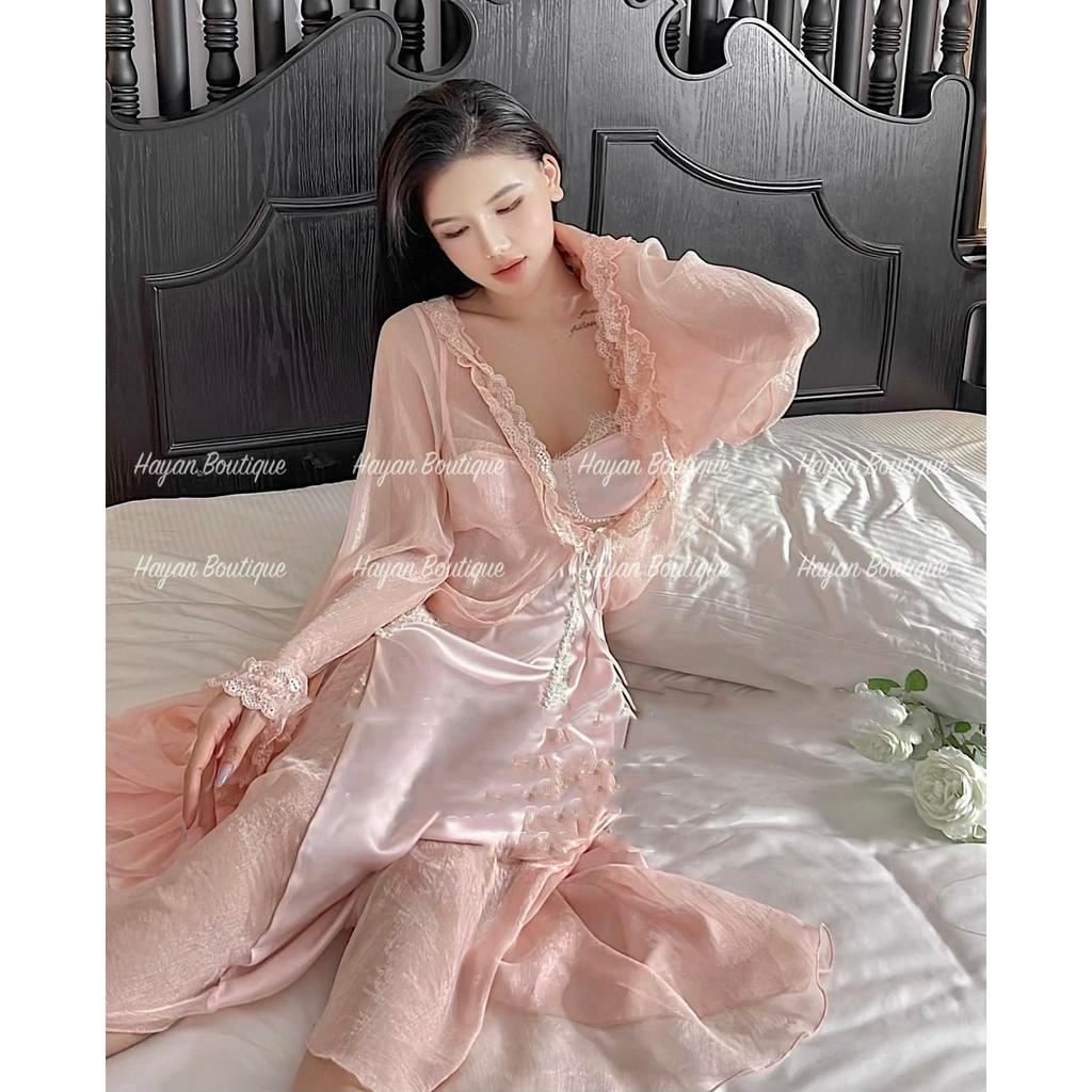 HT299 Set váy ngủ và áo choàng sexy dáng dài tay loe gợi cảm, bộ ngủ lụa tiểu thư sang chảnh HT299