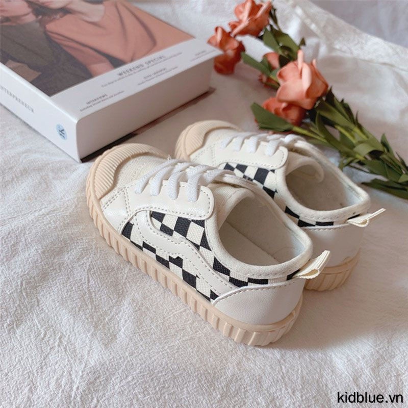 Giày thể thao vải canvas thắt dây họa tiết kẻ sọc caro chống trơn trượt thời trang ngoài trời dành cho trẻ em