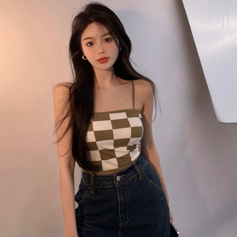 Áo Croptop Hai Dây Họa Tiết Kẻ Ô Có Mút Đệm Ngực Siêu Nhẹ Thời Trang Mùa Hè Quyến Rũ Cho Nữ