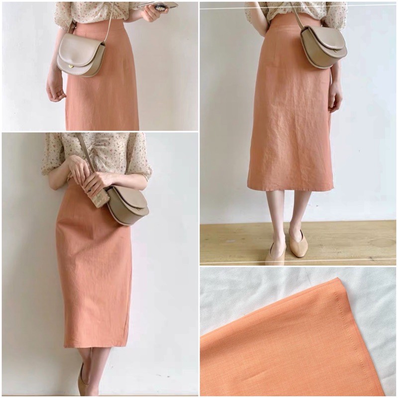 Chân váy midi chất linen mềm dáng A nhẹ cạp khóa xẻ sau