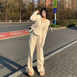 Pure desire for sports suit spring hooded sweater casual wide-legged trousers irregular top two sets of tide