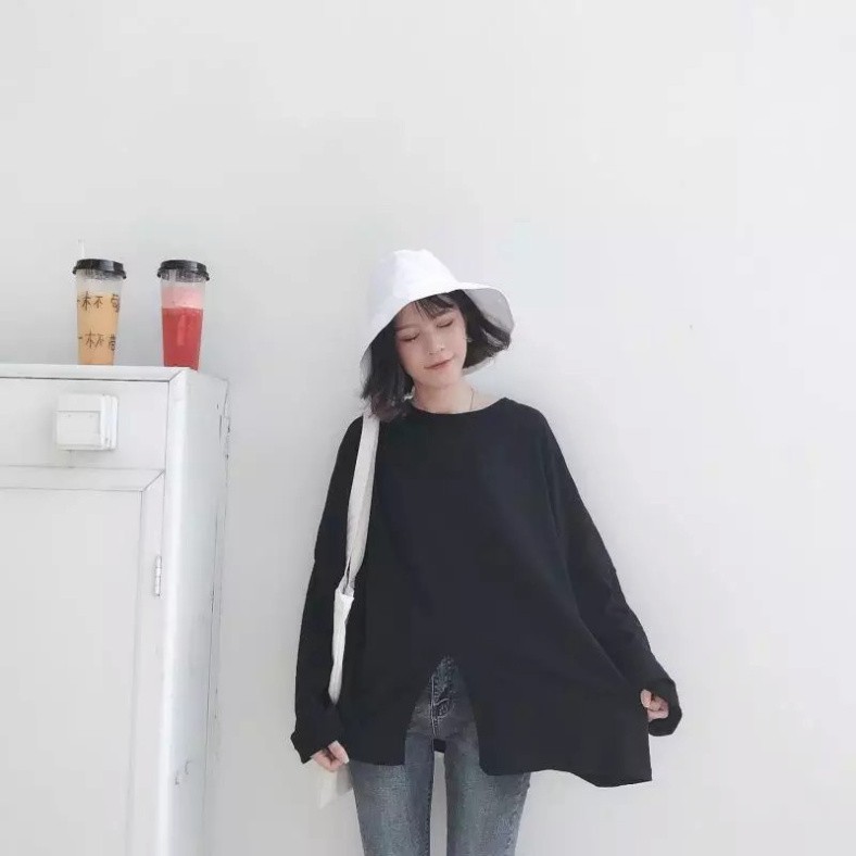 (Giá Gốc) ÁO THUN NỈ NỮ DÀI TAY XẺ VẠT ĐEN TRẮNG FORM RỘNG ULZZANG - (Sp sẵn) -👗TTshop👑