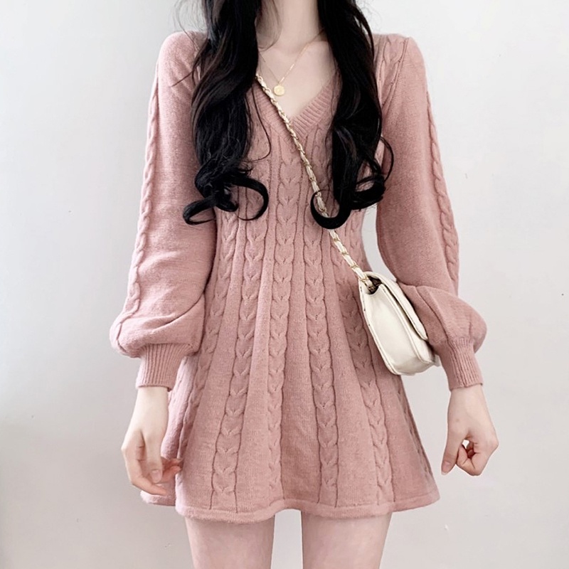 Đầm váy len thừng cổ V tim Quảng châu cao cấp phong cách hàn quốc màu đen kaki kem hồng Kozoda DL1