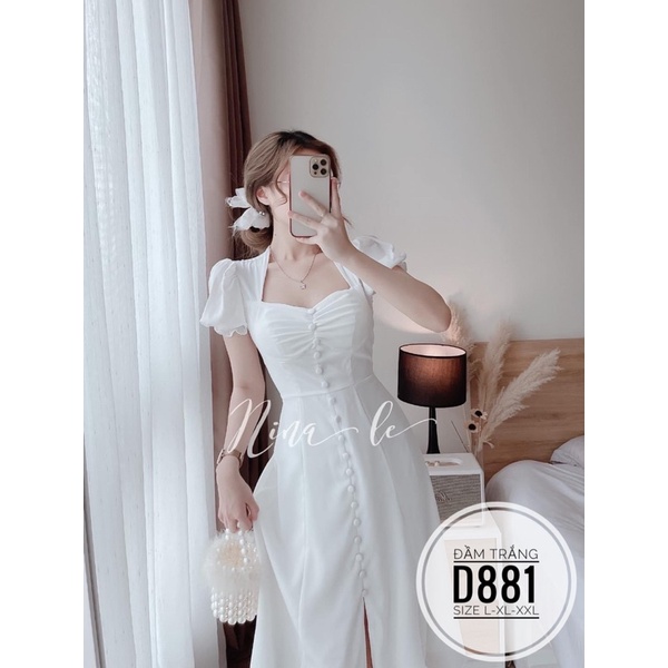 BIGSIZE Đầm trắng nút bọc D881