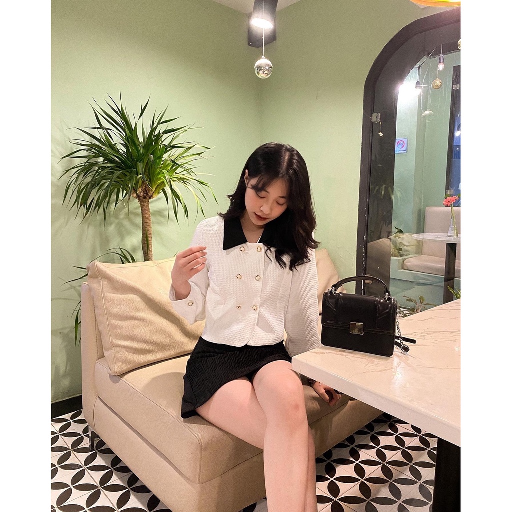 Áo khoác đũi xốp dáng ngắn cổ pha màu A2186 SUSTORE