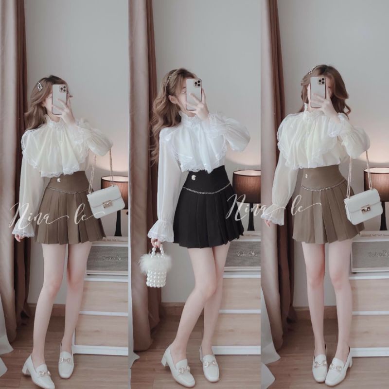 Áo sơ mi bèo ren áo sơ mi tiểu thư viền ren LD0403