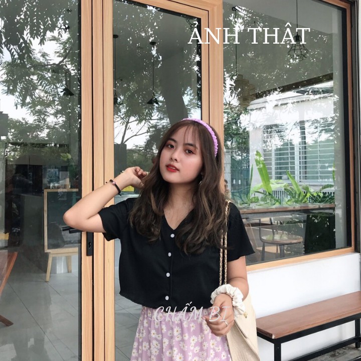 Áo Croptop Cài Cúc Cổ Tim Ngắn Tay Len Tăm Nhiều Màu Siêu Xinh - A.008