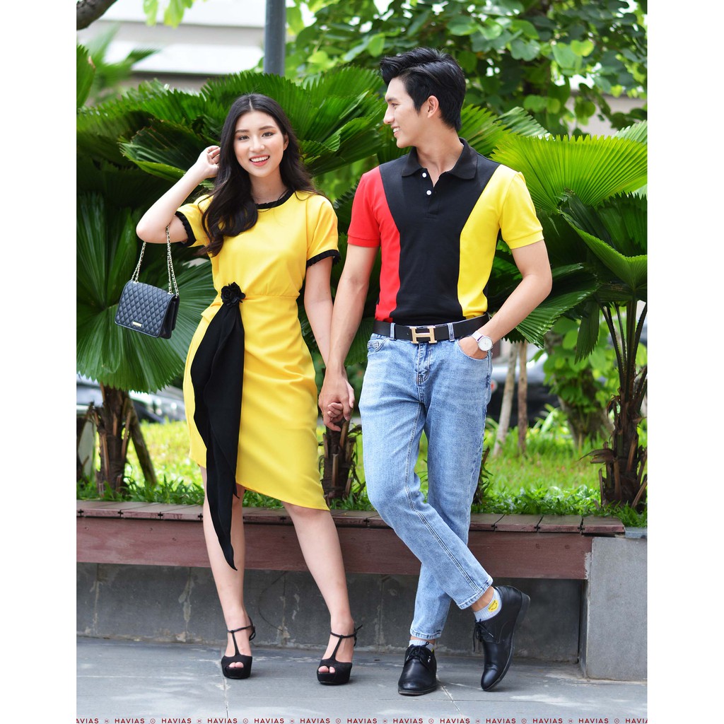 Đồ đôi Đầm Thun Couple Strong Shoulder Polo &amp; Black Band Yellow Dress HAVIAS