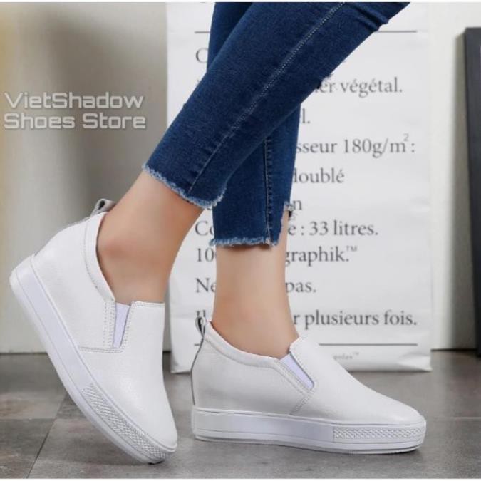 Slip on da nữ đế xuồng - Giày lười da nữ độn đế - Chất liệu da bò màu (trắng) và (đen) - Mã SP: 9909 -h91