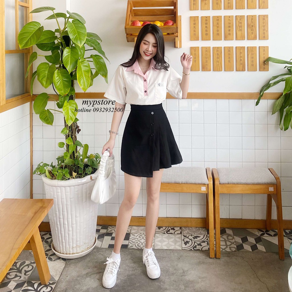 Áo sơ mi xẻ trụ huy hiệu tay ngắn mypstore A24
