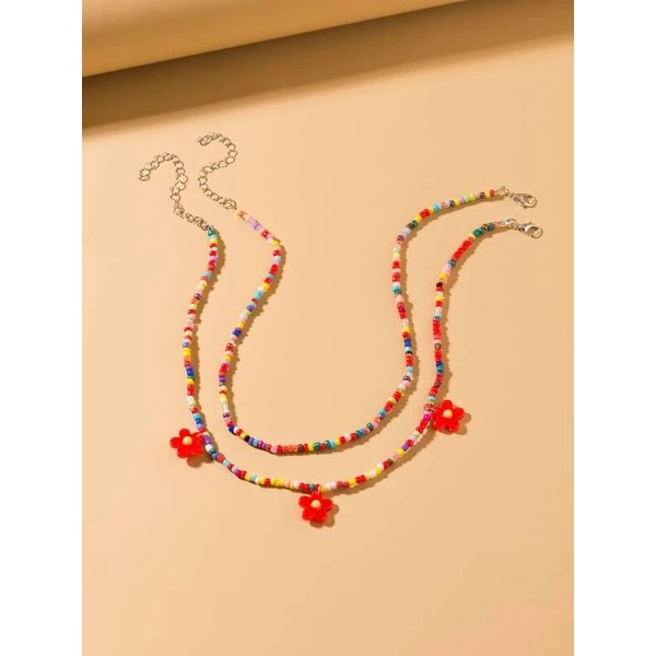 Set 2 dây chuyền y2k hạt màu cườm đính hoa phong cáchh vintage cổ điển đi biển