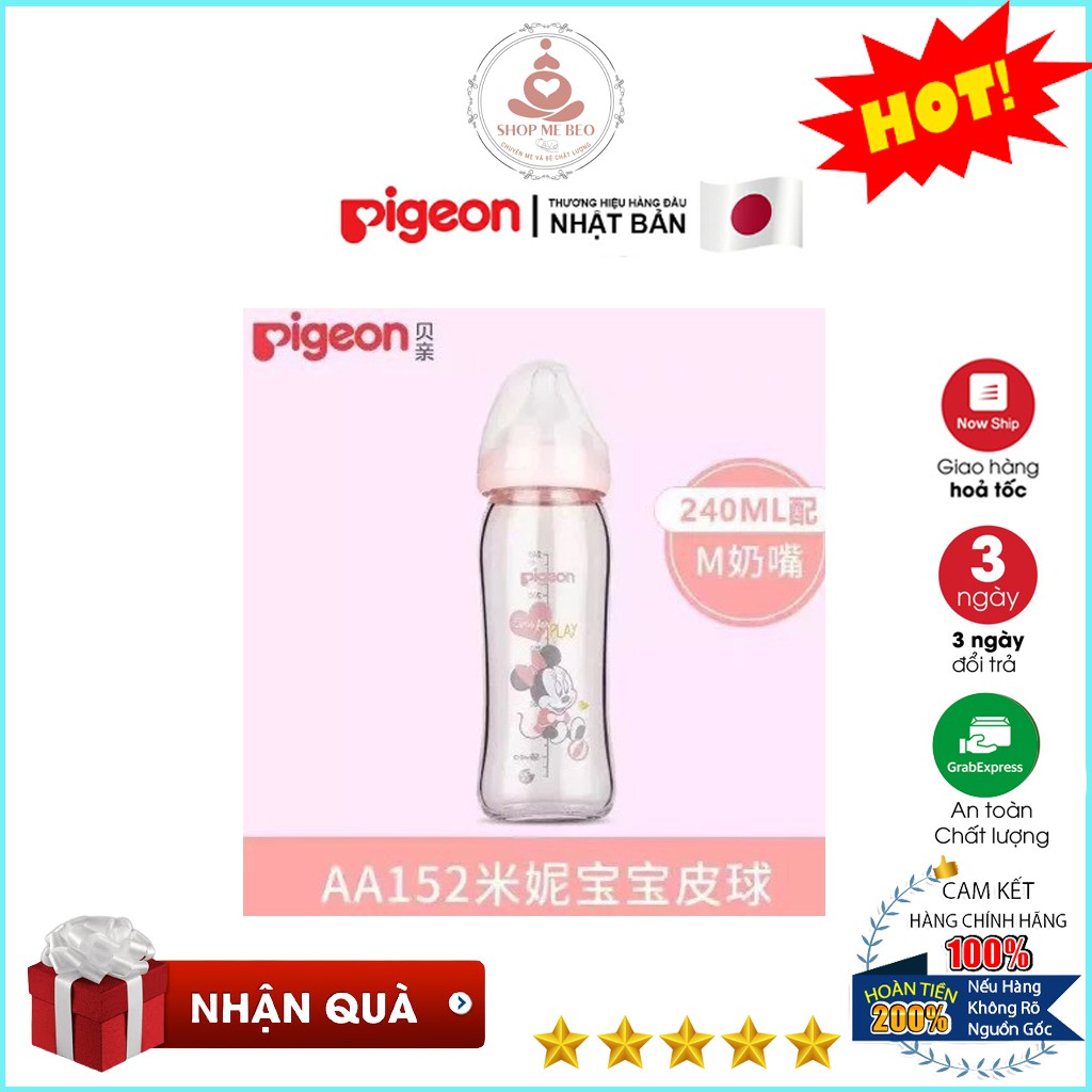 Bình Sữa Nội Địa Thủy Tinh Pigeon Cổ Rộng Cao Cấp 160ml/240ml Mẹ Beo