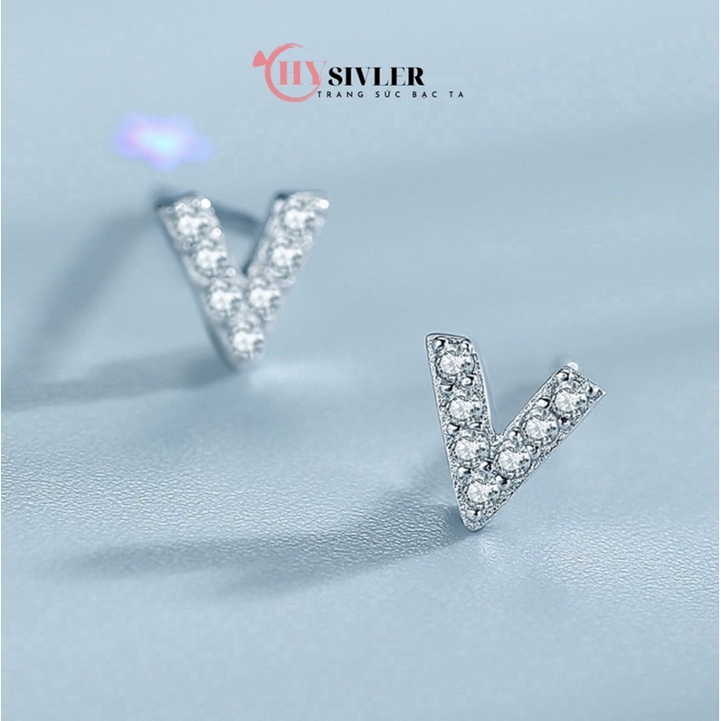Bông tai bạc ta chữ V đính đá nhỏ xinh nữ tính bông tai nữ bạc thật giá rẻ