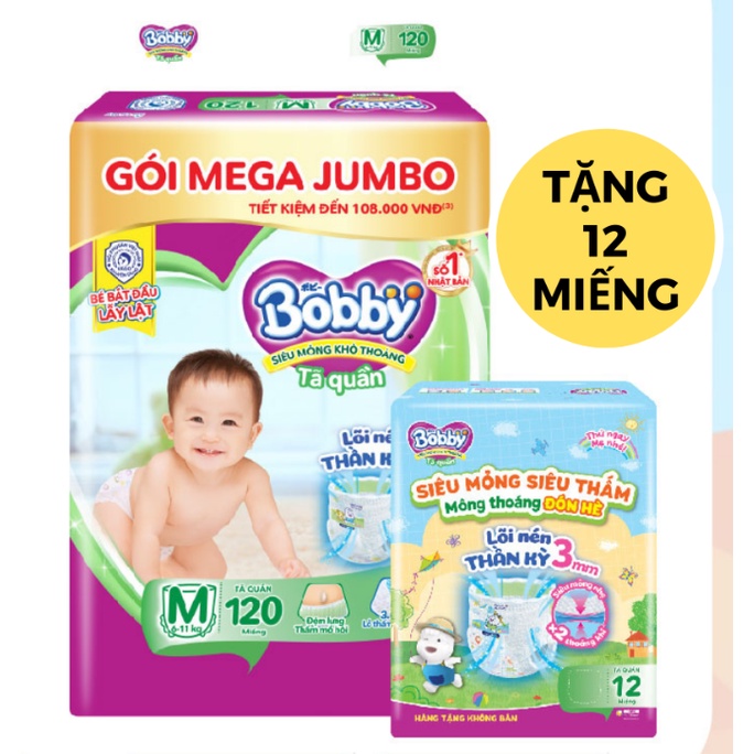 Tã bỉm quần Bobby gói Mega Jumbo M124/L120/XL96/XXL88