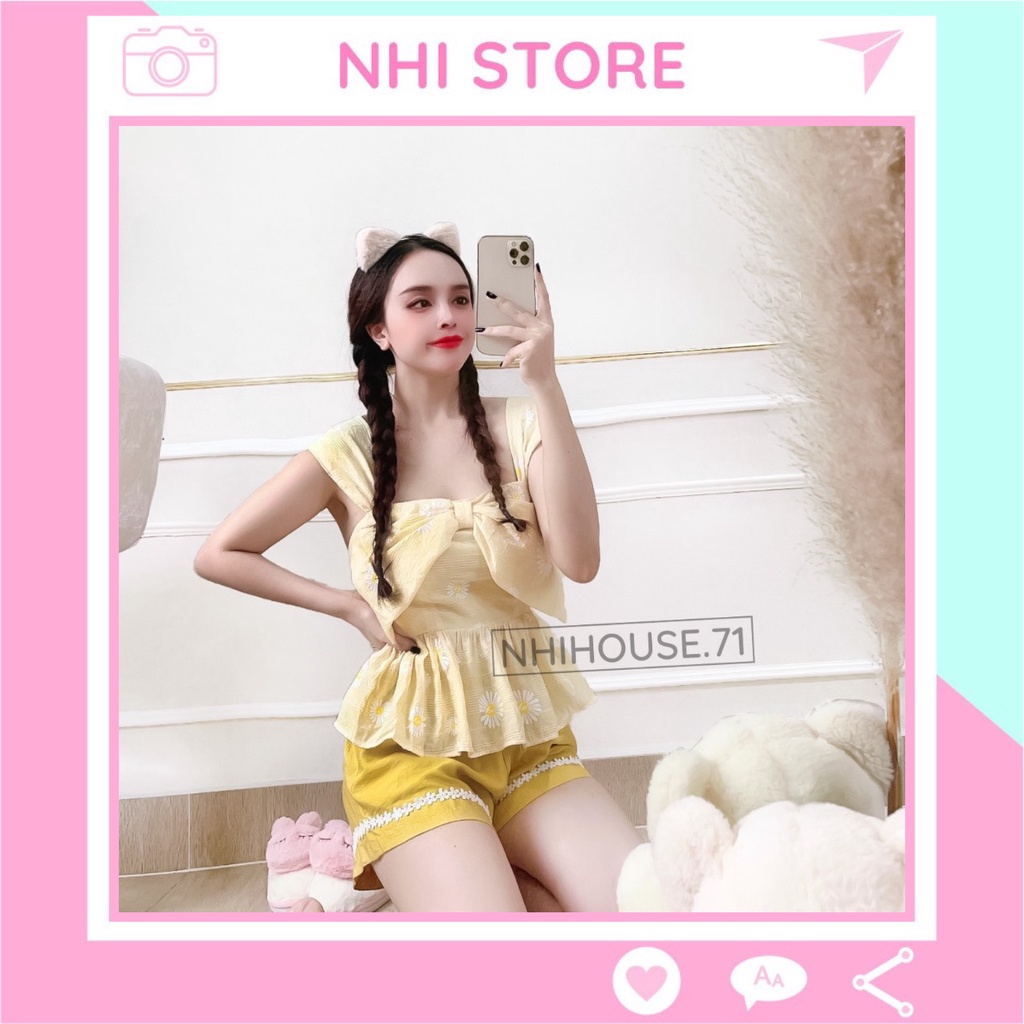 Set Hoa Cúc NHISTORE Xô Gân Quốc Áo Nơ Cúp Ngực Quần Short Năng Động Dưới 55kg
