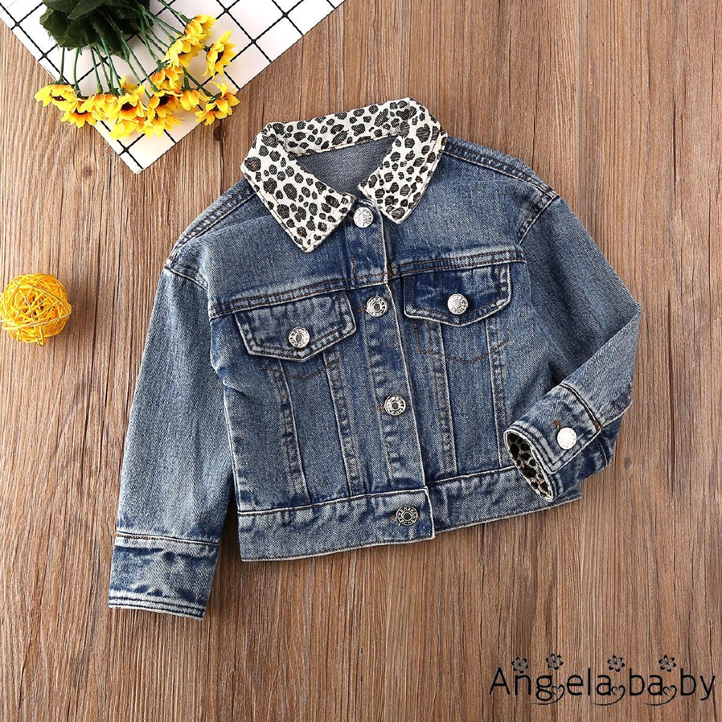 Áo khoác tay dài bằng vải denim cổ bẻ họa tiết da beo có thời trang dành cho bé gái