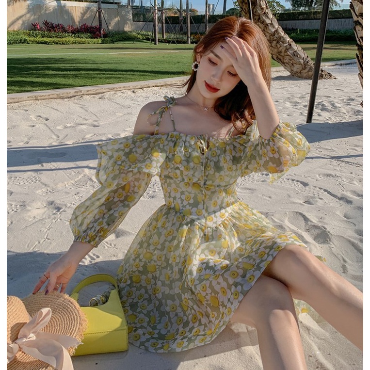 Sẵn - Đầm Hoa Nhí | Đầm Hoa Nhí Nữ Dáng Ngắn Xòe 2 Lớp Trễ Vai Sexy Thời Trang Ulzzang Hàn Quốc
