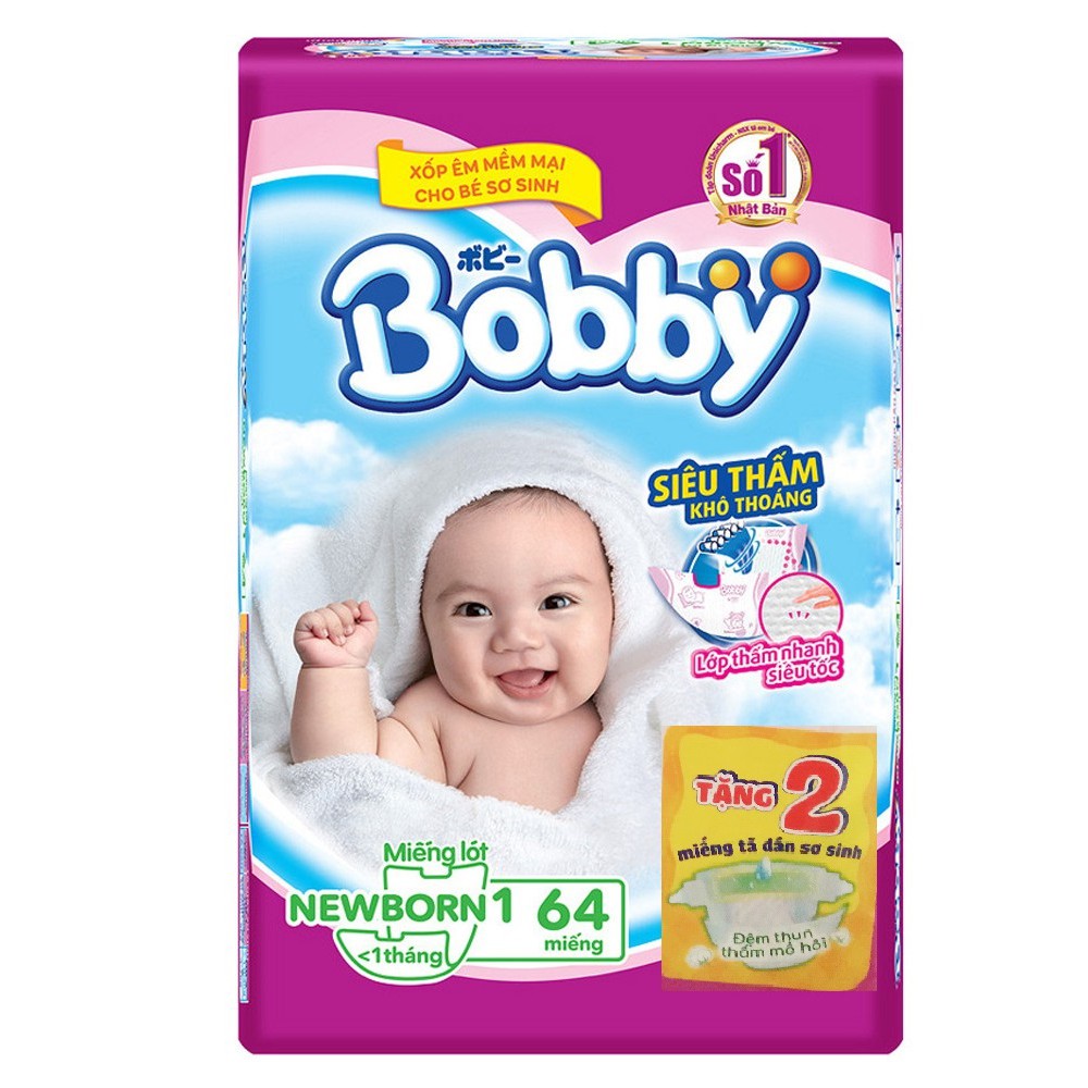 TẶNG 2 MIẾNG TÃ DÁN XS - MIẾNG LÓT SƠ SINH BOBBY NEWBORN 1 64 MIẾNG(CHO BÉ DƯỚI 1 THÁNG)