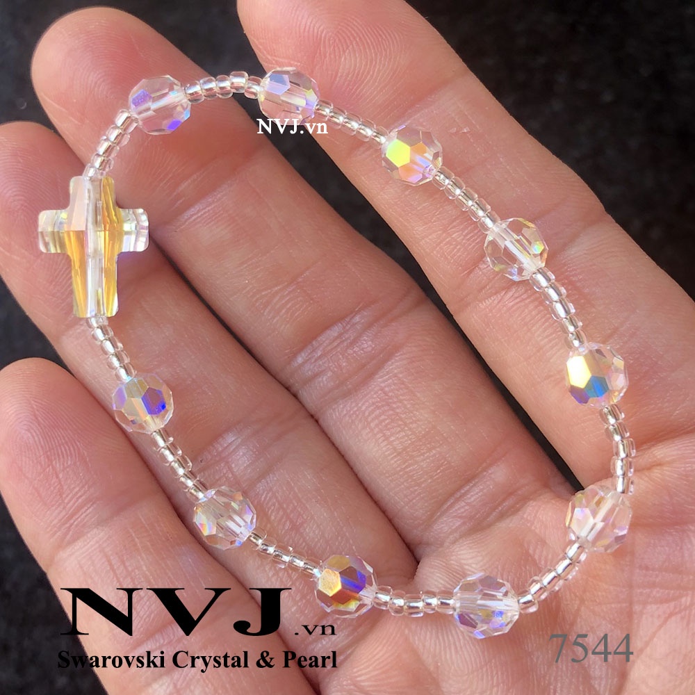 Chuỗi mân côi pha lê Swarovski 10 hạt tròn 6ly & hạt cườm Nhật dễ thương