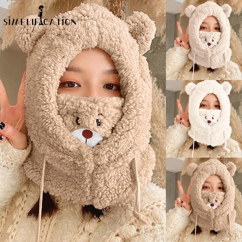 Mũ Kèm Khăn Choàng Cổ Lông Cừu Dày Dặn Đa Năng Hình Tai Gấu Dễ Thương Chống Gió Giữ Ấm Cho Nam Và Nữ