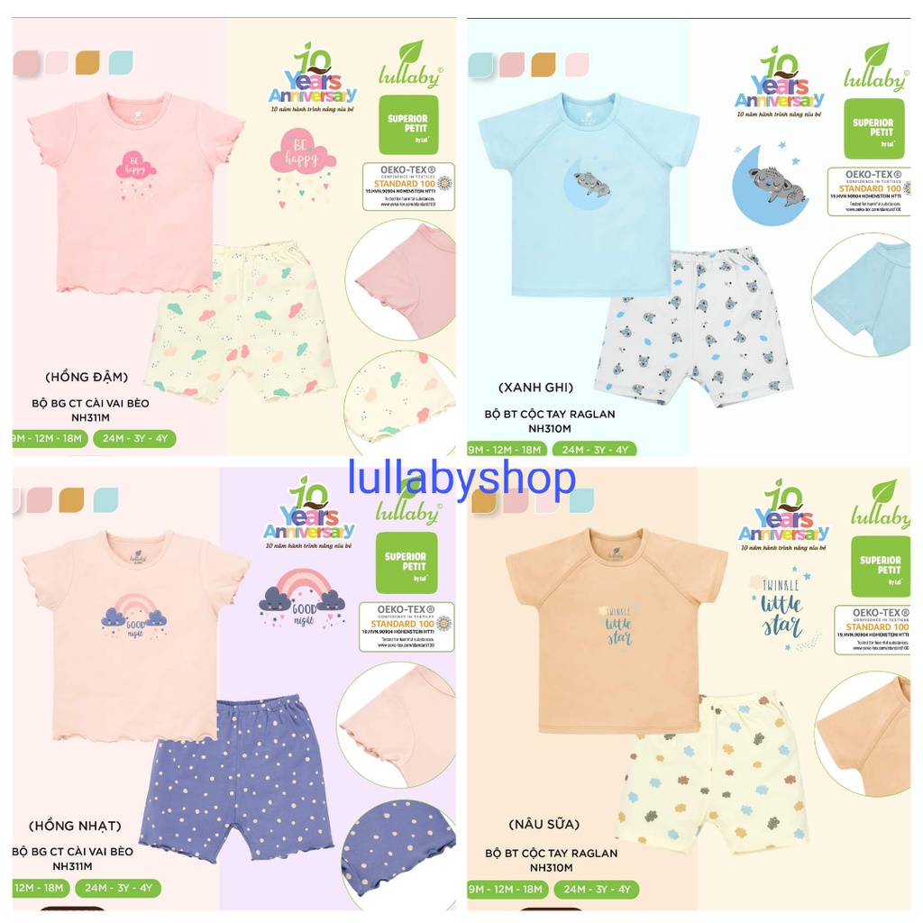 Bộ cộc tay peptit Lullaby NH311P, bộ cài vai bé trai, bé gái cao cấp 0-4 tuổi