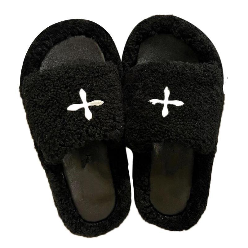 Dép Đế Dày Quai Chéo Phối Lông Nhung Màu Đen Thời Trang Mùa Xuân