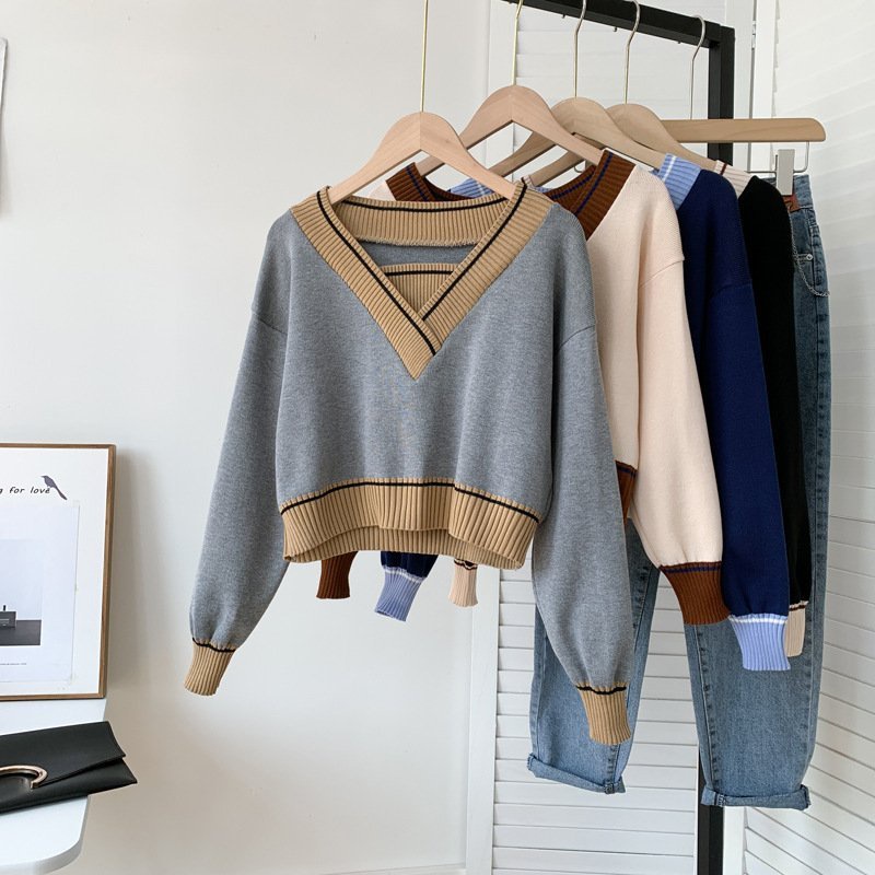 Áo Len Croptop Thủy Thủ Cổ V Tay Dài Dáng Rộng Họa Tiết Sọc Ngang Cá Tính Phong Cách Thời Trang Hàn Quốc M127 N-11