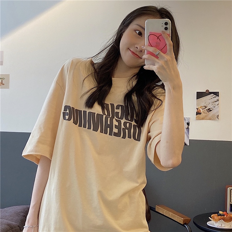 Áo Thun Nữ Ngắn Tay Cổ Tròn In Chữ Thời Trang