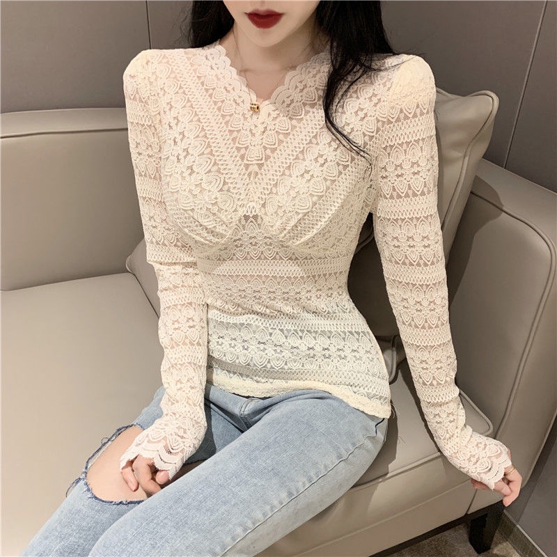 Áo Kiểu Cổ Chữ V Phối Ren Lưới Phong Cách Hàn Quốc Thời Trang Mới Cho Nữ