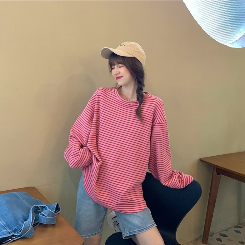Jiashucheng Áo Thun Nữ Dài Tay Cổ Tròn Sọc Ngang Thời Trang Hàn Mới