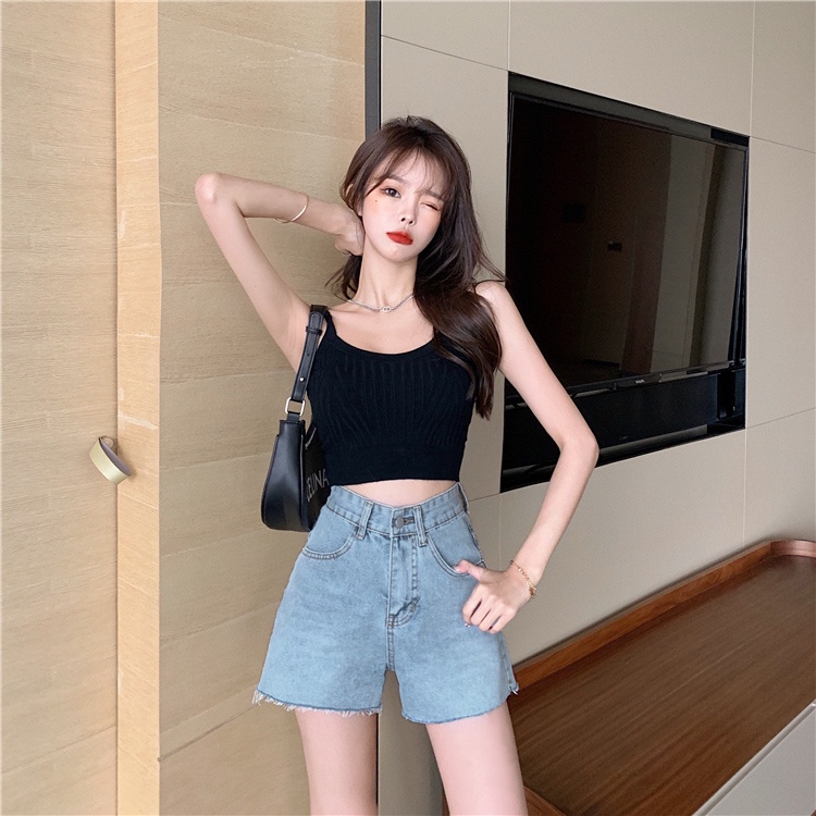 Quần Short Denim Lưng Cao Ống Rộng Theo Phong Cách Retro Hàn Quốc