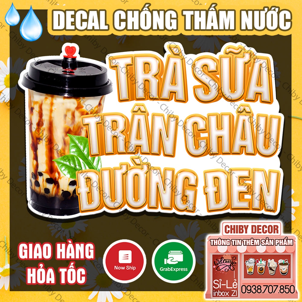 Tranh Dán Tường Trà Sữa Trân Châu Đường Đen 🌈 Decal Dán Tường Trang Trí Quán Trà Sữa, Cà Phê - Chống Thấm Nước, Cắt Sẵn