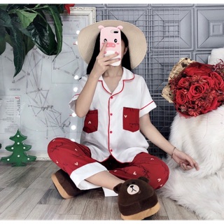 Pijama lụa phối tay ngắn quần dài