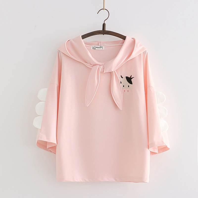 Áo Hoodie Cotton Tay Lửng Thêu Họa Tiết Hoạt Hình Dễ Thương Thời Trang Mùa Hè Cho Nữ 2021