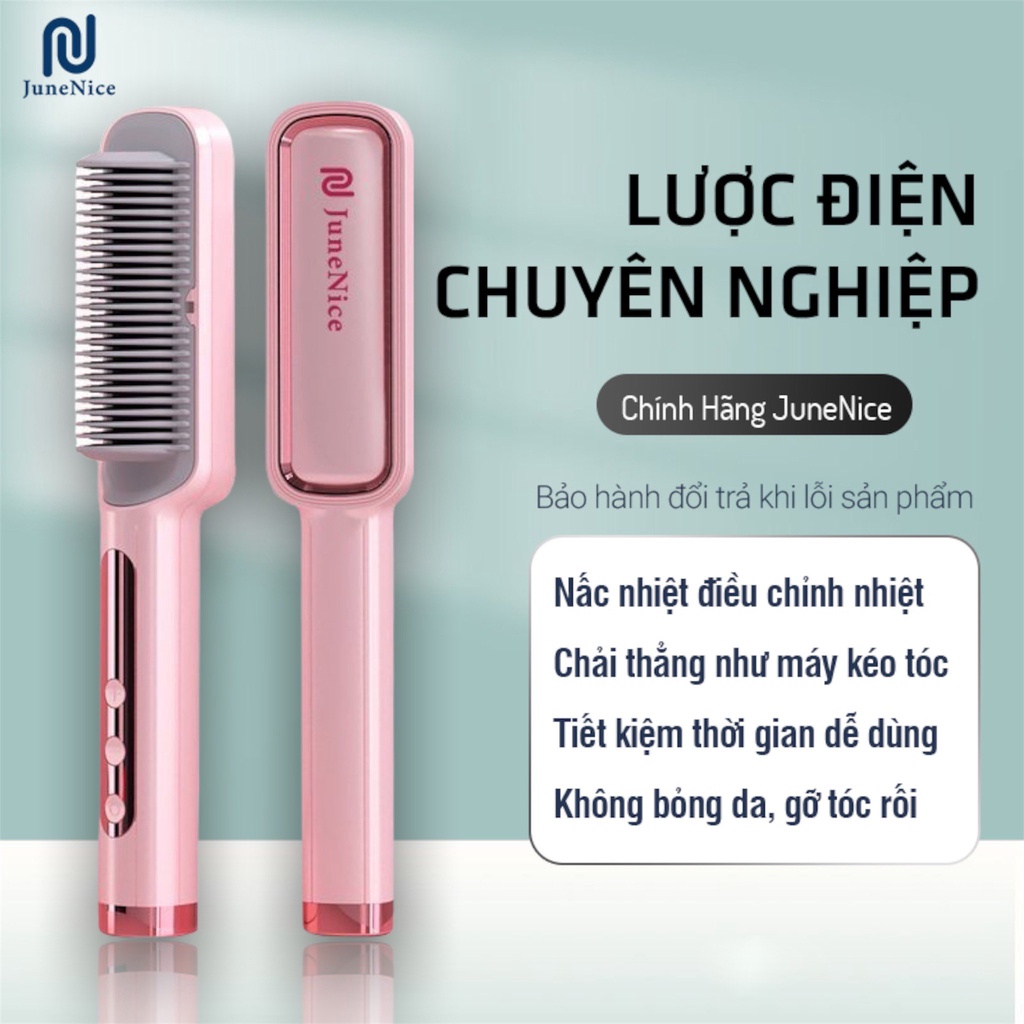 Lược điện thẳng tóc June Nice màu Hồng, màn hình hiển thị nhiệt độ đèn LED điều chỉnh nhiệt độ thoả thích, đầu dây điện