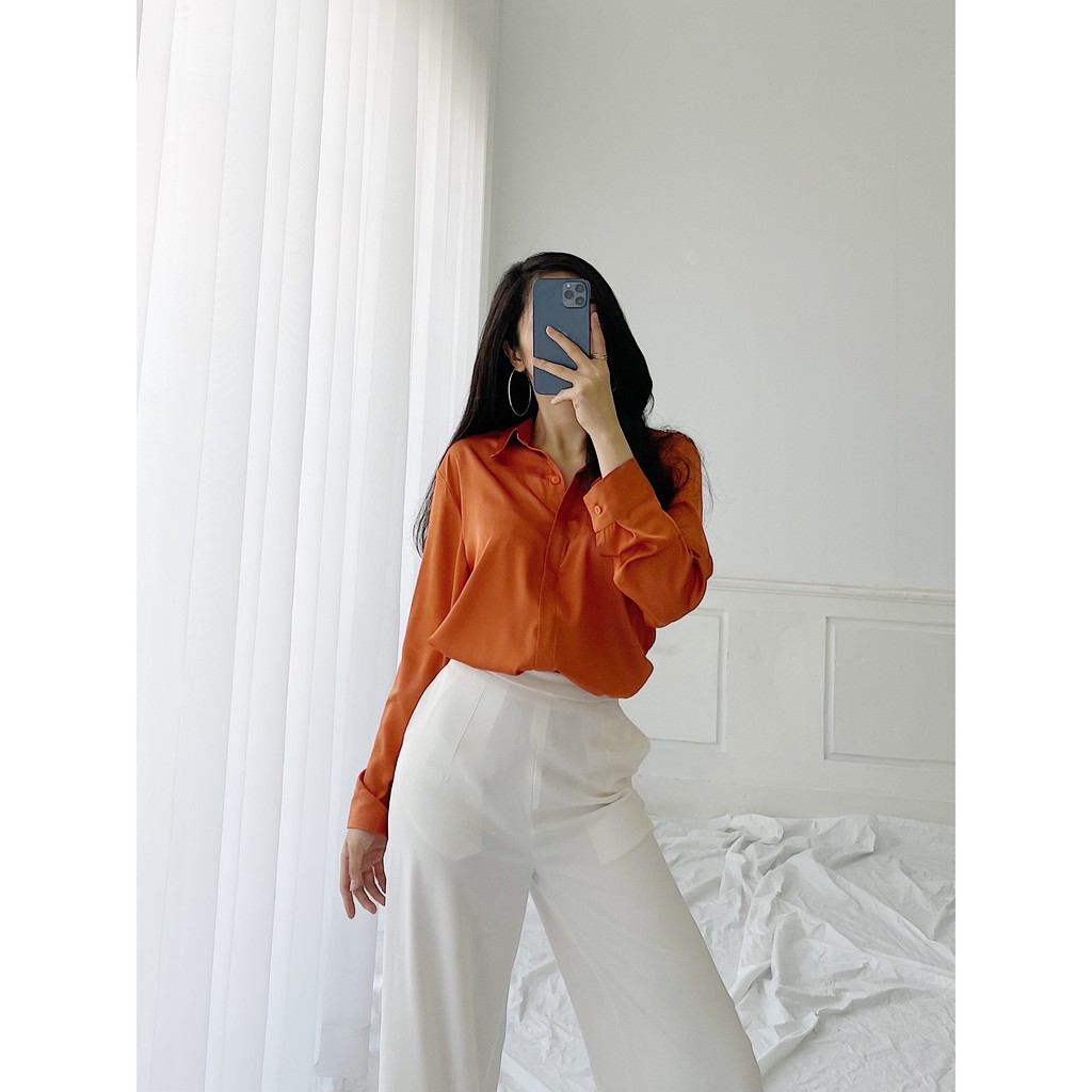 Áo sơ mi lụa trơn HEYBEE phom oversize nhiều màu thoáng mát HT123