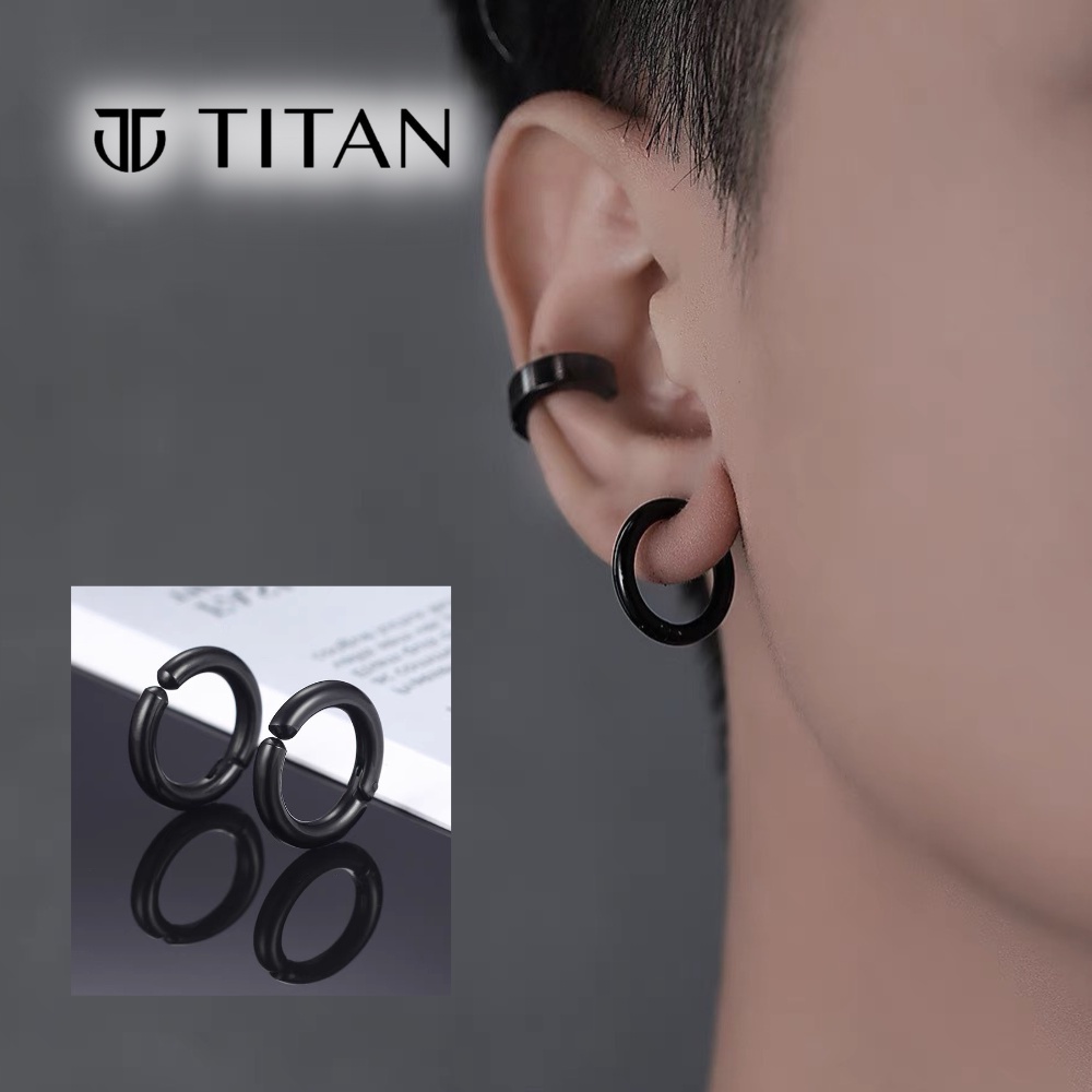 Khuyên tai nam tròn unisex, bông tai không cần bấm lỗ cá tính, khuyên kẹp vành tai 2 màu bạc đen TITAN Shop