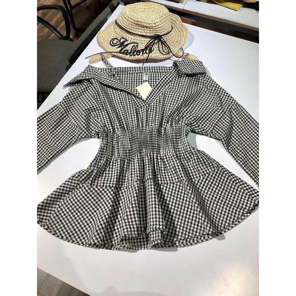 Áo khoét vai nữ peplum chun eo cổ tim hai dây tay dài