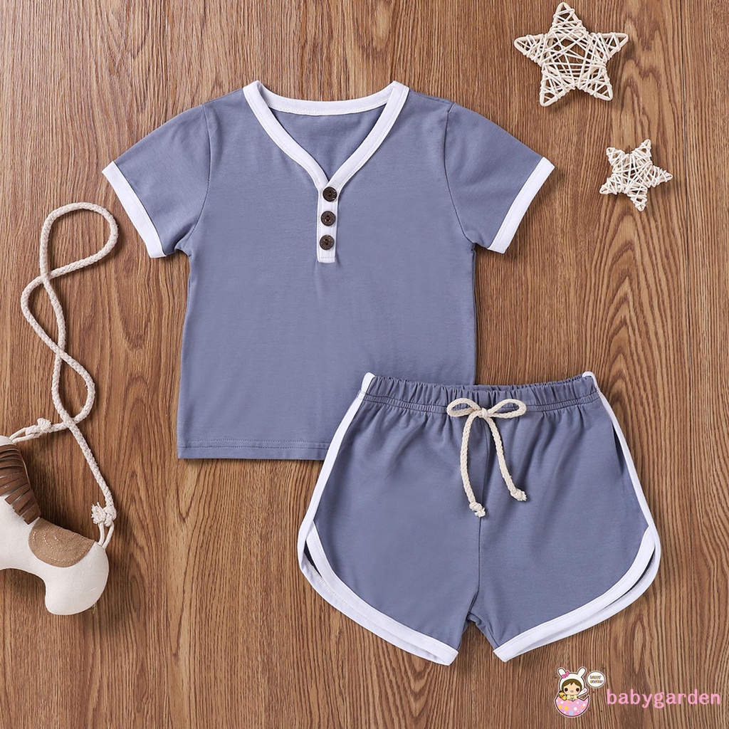 Set Áo Thun Ngắn Tay + Quần Short Buộc Dây Màu Trơn Hợp Thời Trang Cho Bé