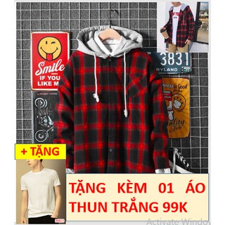 COMBO ÁO KHOÁC SƠ MI CARO CÓ NÓN TẶNG ÁO THUN TRƠN THEO SIZE