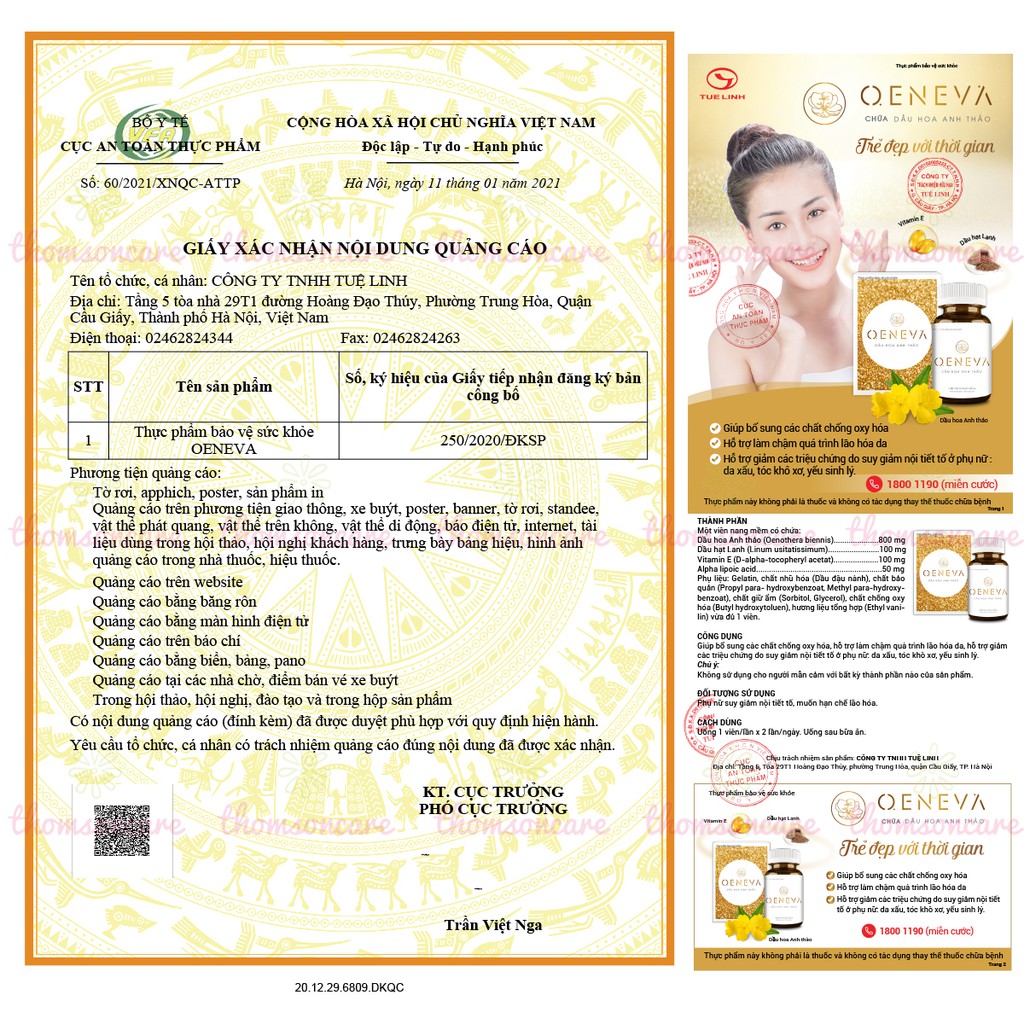 Cân bằng nội tiết, giảm lão hóa từ Dầu hoa anh thảo Oeneva của Dược Tuệ Linh - đẹp da Oen Eva hộp 30 viên | Thế Giới Skin Care
