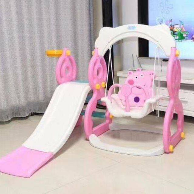 Bộ đồ chơi liên hoàn cầu trượt xích đu hình heo Peppa xanh / hồng