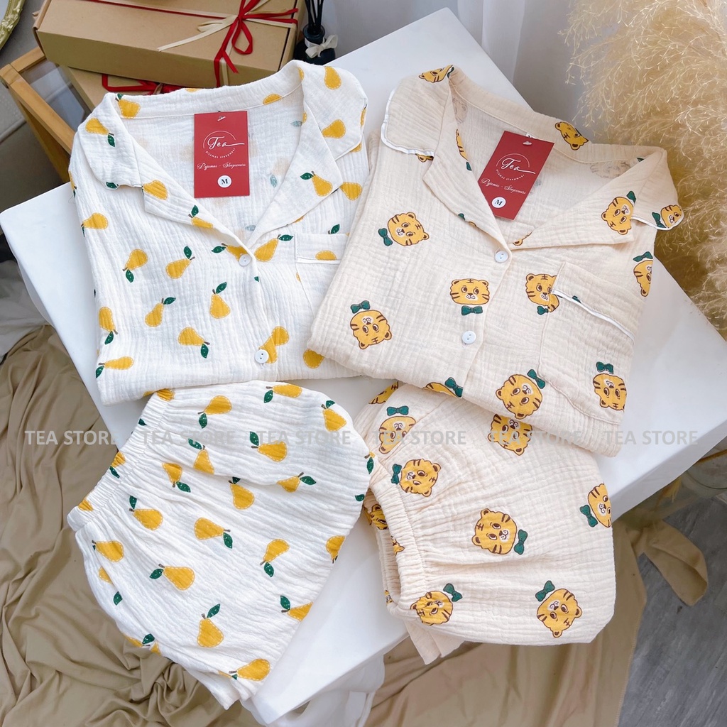 Bộ mặc nhà pyjama chất xô đũi Tea Store áo cộc họa tiết dễ thương  hi
