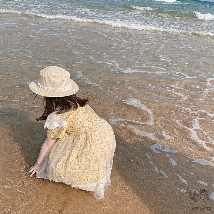 Mũ Cói Phối Ren Đính Ngọc Trai Giả Kiểu Hàn Quốc Xinh Xắn Cho Bé Gái