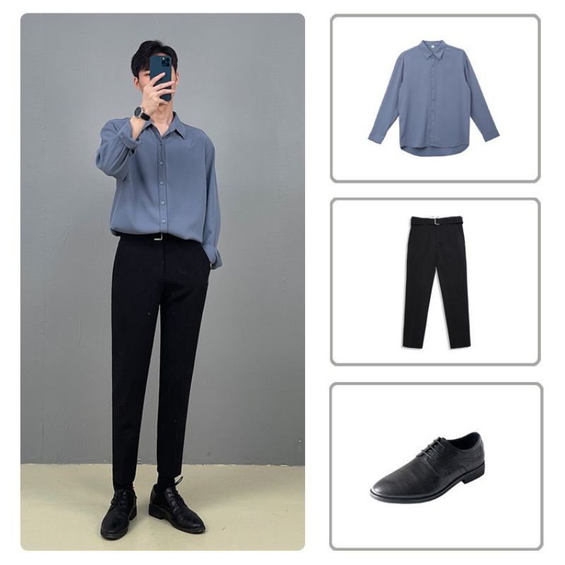 Áo sơ mi nam dài tay màu xanh,trắng vải lụa trượt Cao Cấp form rộng Hàn quốc ,co giãn nhẹ không nhăn thời trang công sở