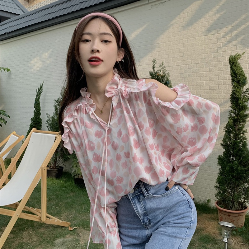 Áo kiểu BH chiffon dài tay phối dây in hoa thời trang mùa hè dành cho nữ 2022