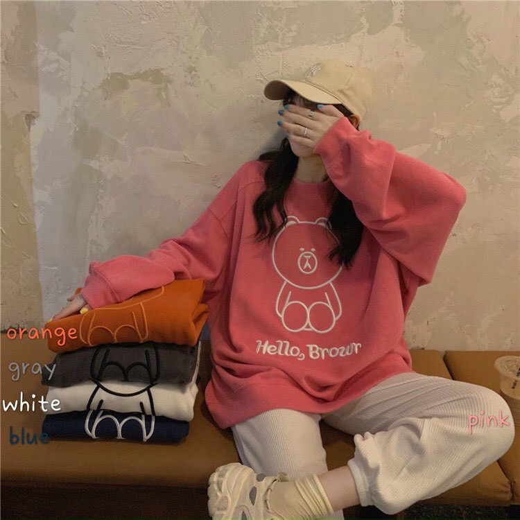 Áo phông, áo thun nam nữ form rộng tay DÀI Unisex GẤU HELLO BROWR Từ 50-70kg