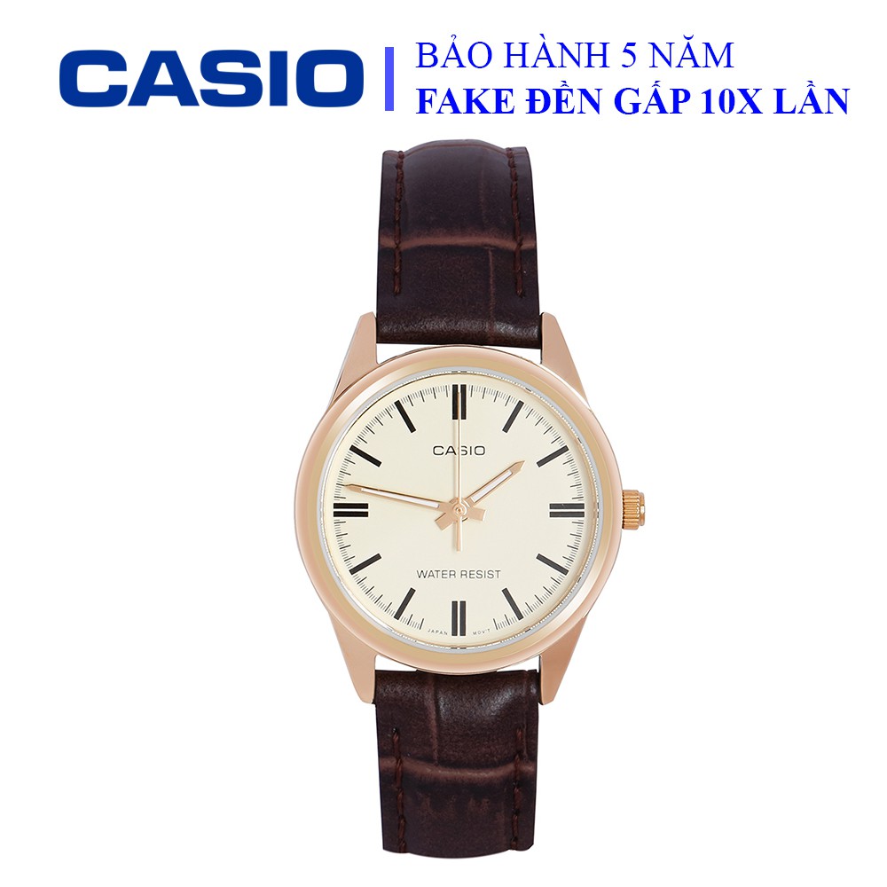 Đồng hồ Casio nữ dây da thể thao, khung viền vàng sang trọng, chống nước WR30M đi bơi (LTP-V005GL-9AUDF)