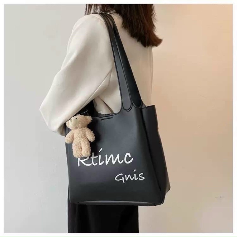 Túi tote công sở hoạ tiết chữ đeo vai kiểu hàn quốc tặng kèm gấu treo size to