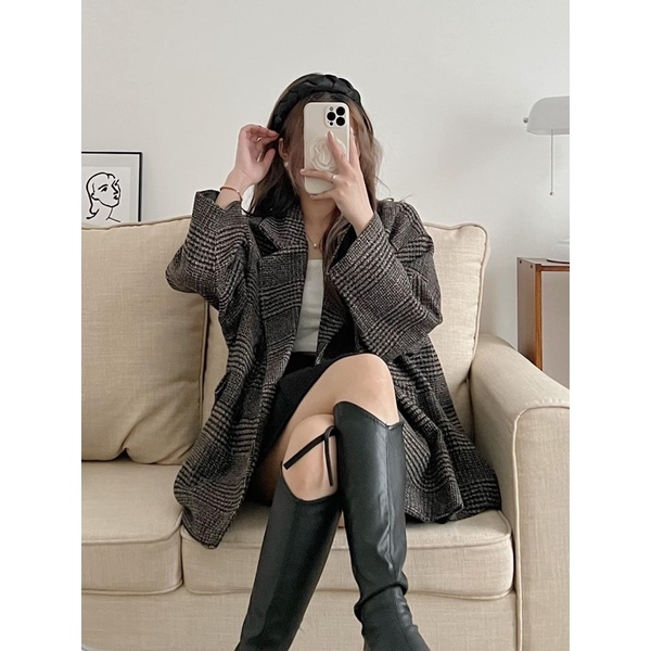 [Ảnh thật/Video]Áo khoác dạ kẻ nắp túi phong cách Ulzzang